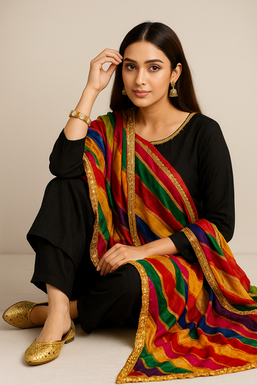 tuff Kattan Silk Plain Shirt And Trouser With Beautiful Multi Lining With Heavy Gotta Lining Across 4 Sided Border Chiffon Dupatta 3PC Dress